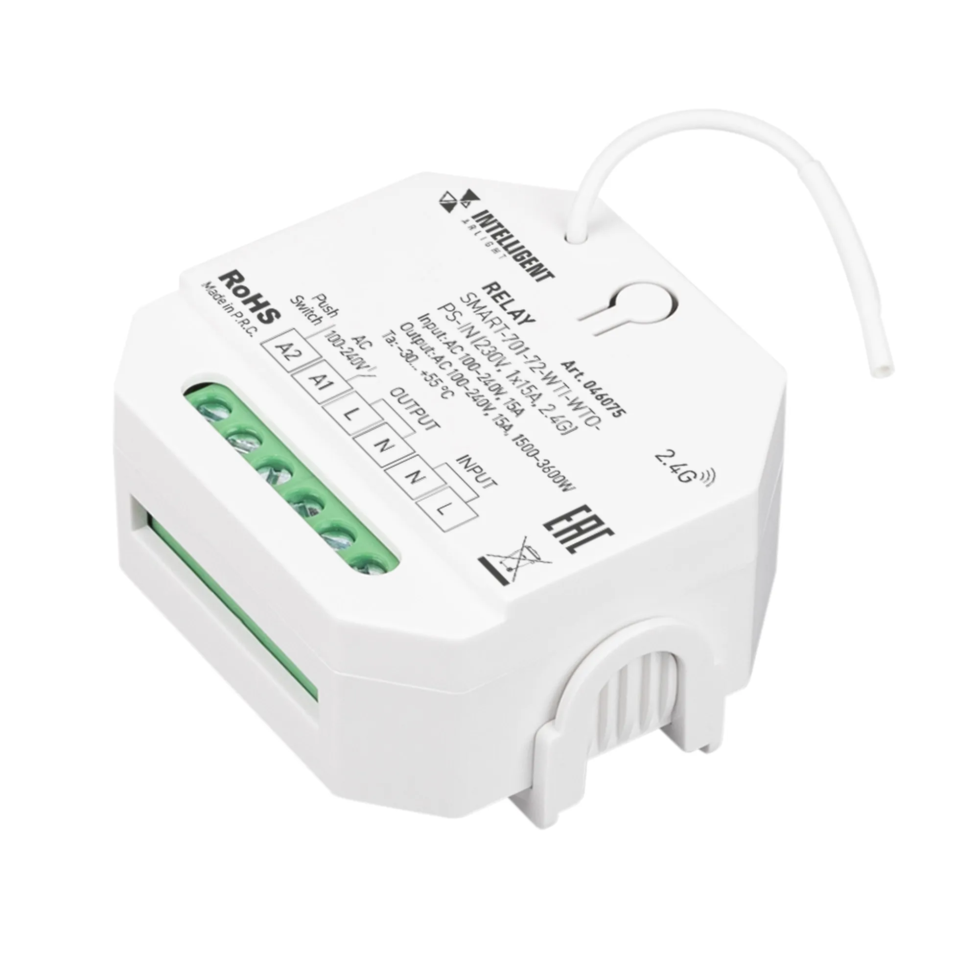 INTELLIGENT ARLIGHT Релейный модуль SMART-701-72-WTI-WTO-PS-IN  (230V, 1x15A, 2.4G) (IARL, IP20 Пластик, 5 лет)